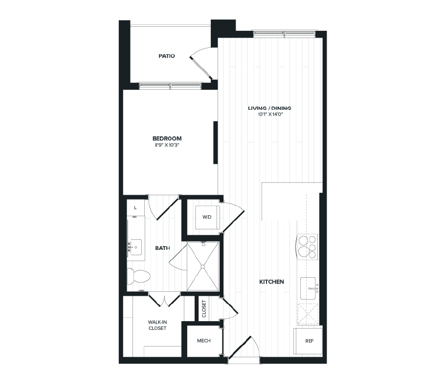 Floor plan for studio, 1 bath, 587 sqft